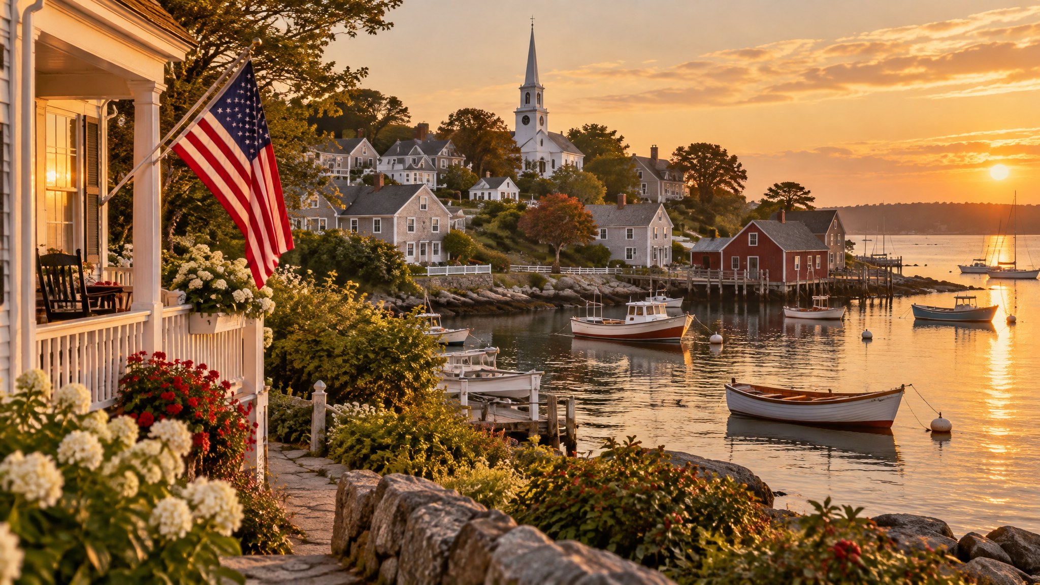 New England coastal village with a white church steeple and an American flag