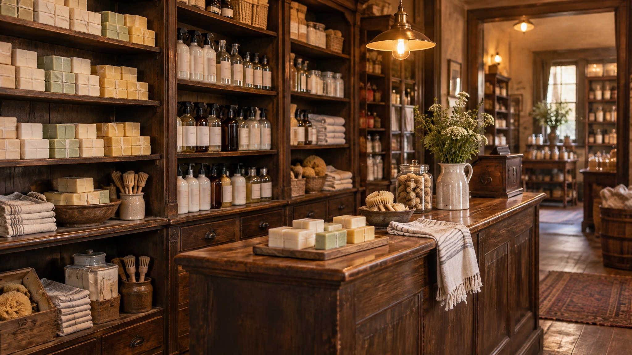 Old-fashioned general store shelves stocked with paper-wrapped soaps