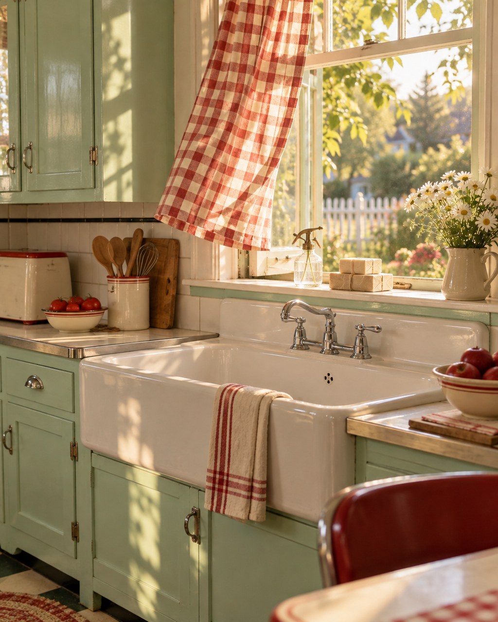 Sunlit 1950s kitchen with mint cabinets and handmade soaps on the windowsill