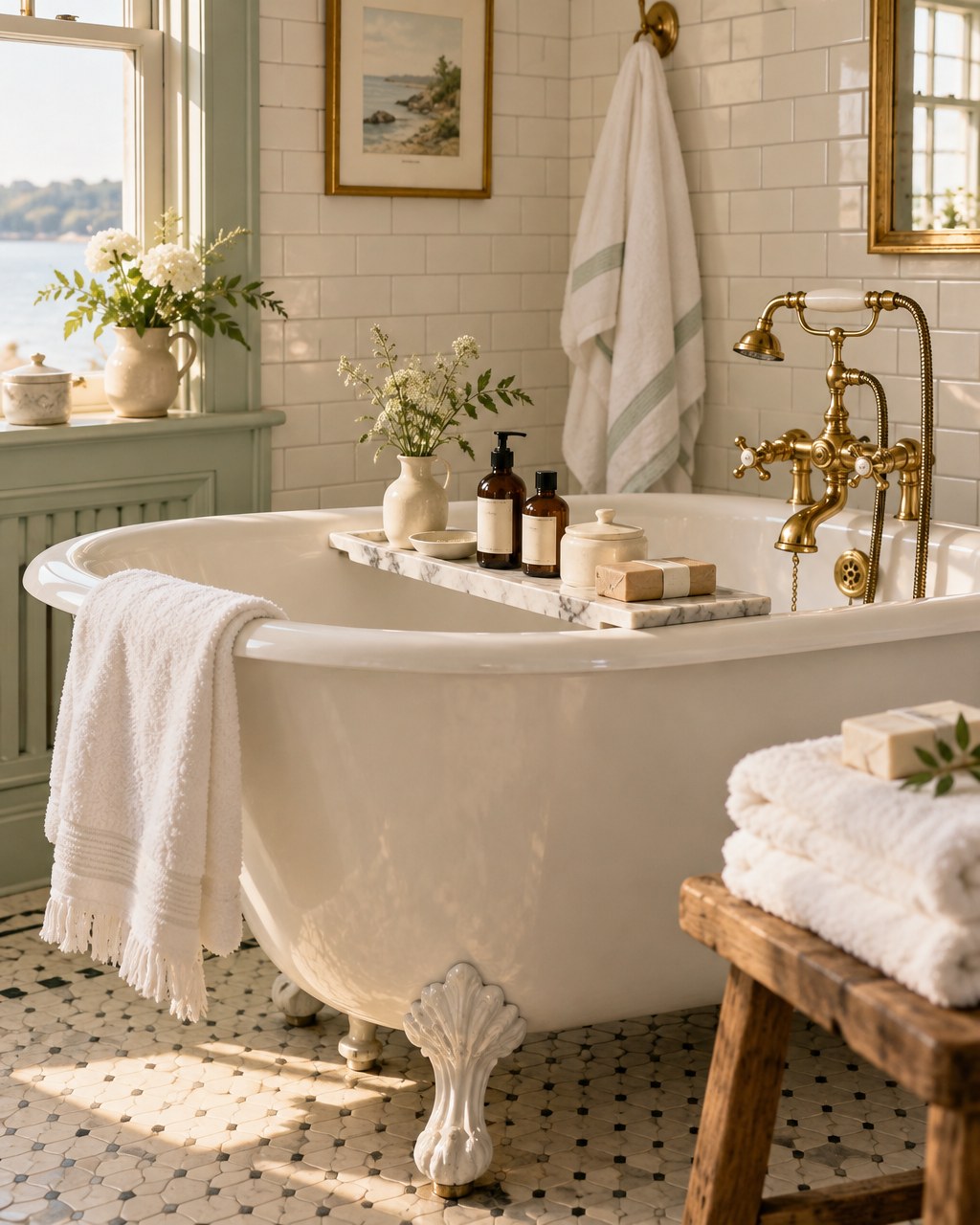 Boutique inn bathroom with clawfoot tub and amenity bottles on a marble tray