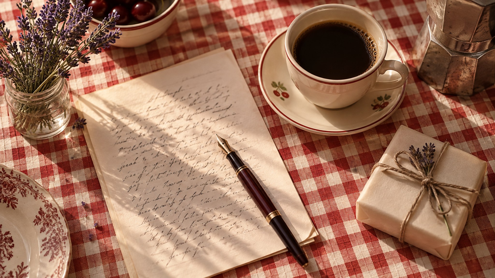 A handwritten letter, coffee and a wrapped bar of soap on a red gingham tablecloth