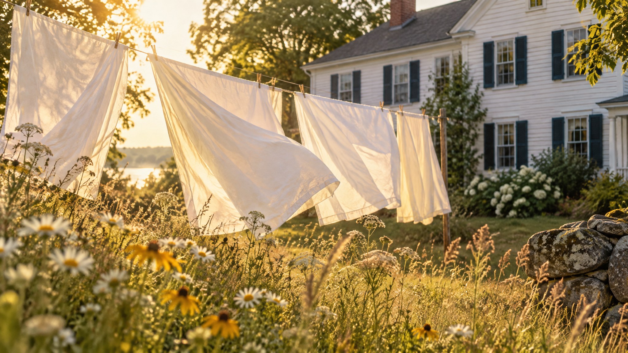 White sheets drying on a clothesline behind a New England farmhouse