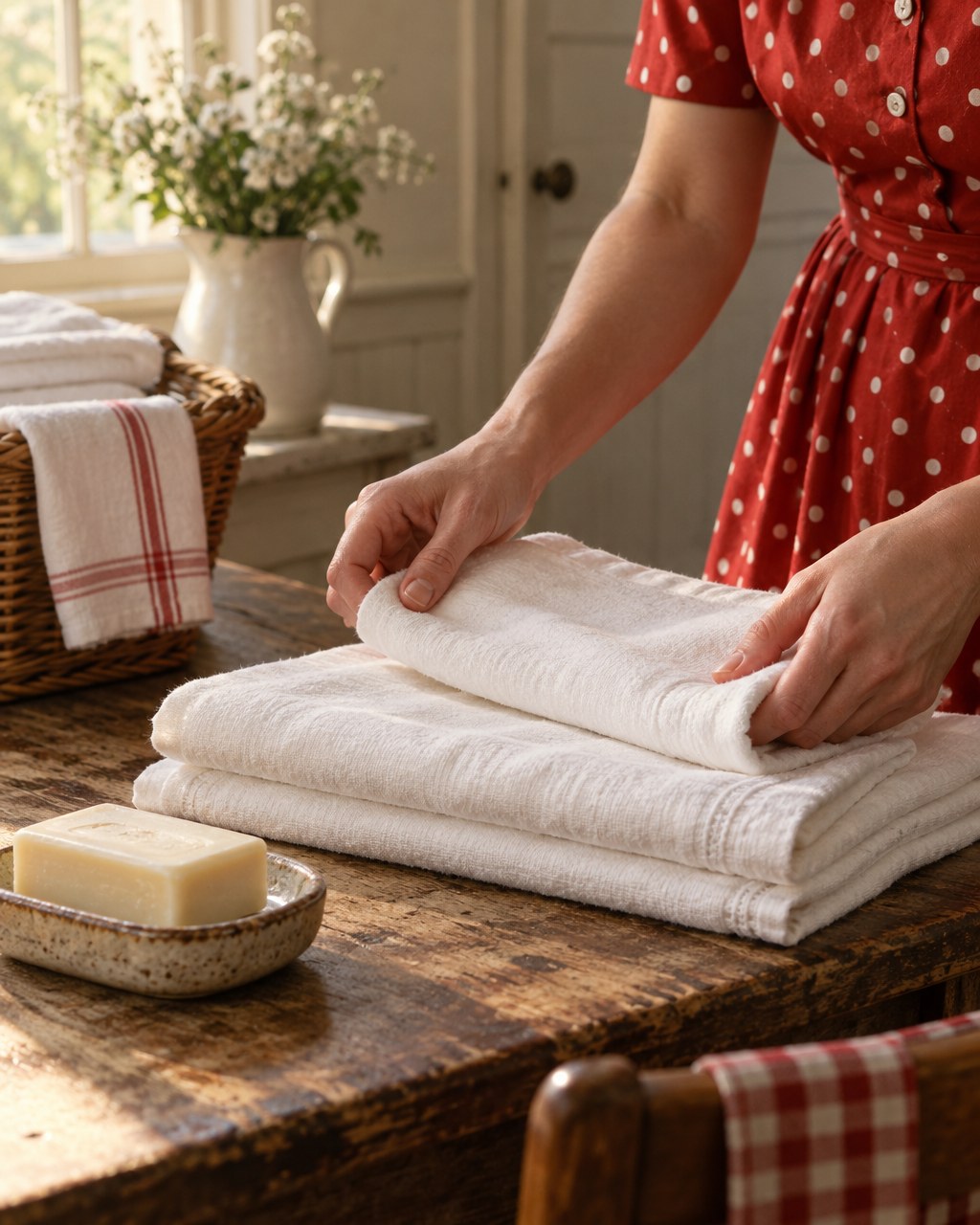 Hands folding fresh linen towels beside a bar of soap