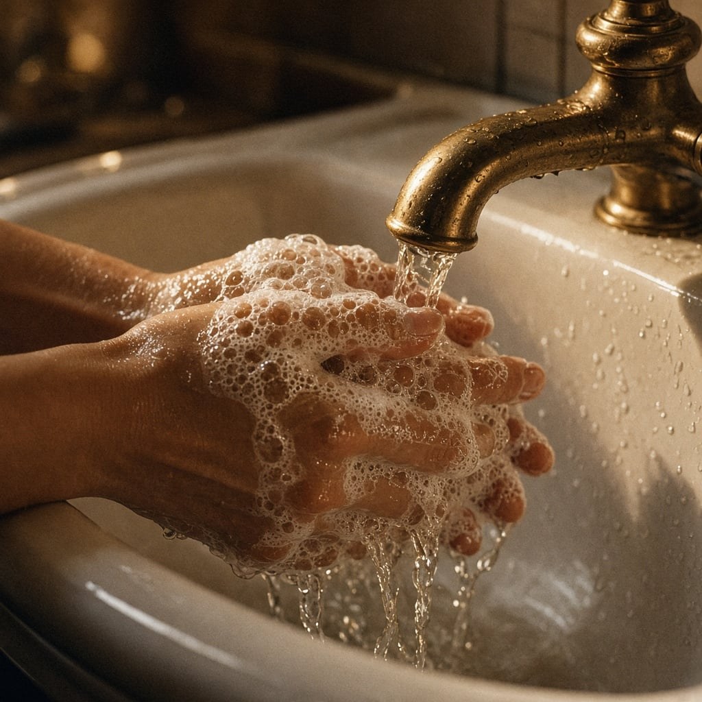 Creamy soap lather on hands at a porcelain sink