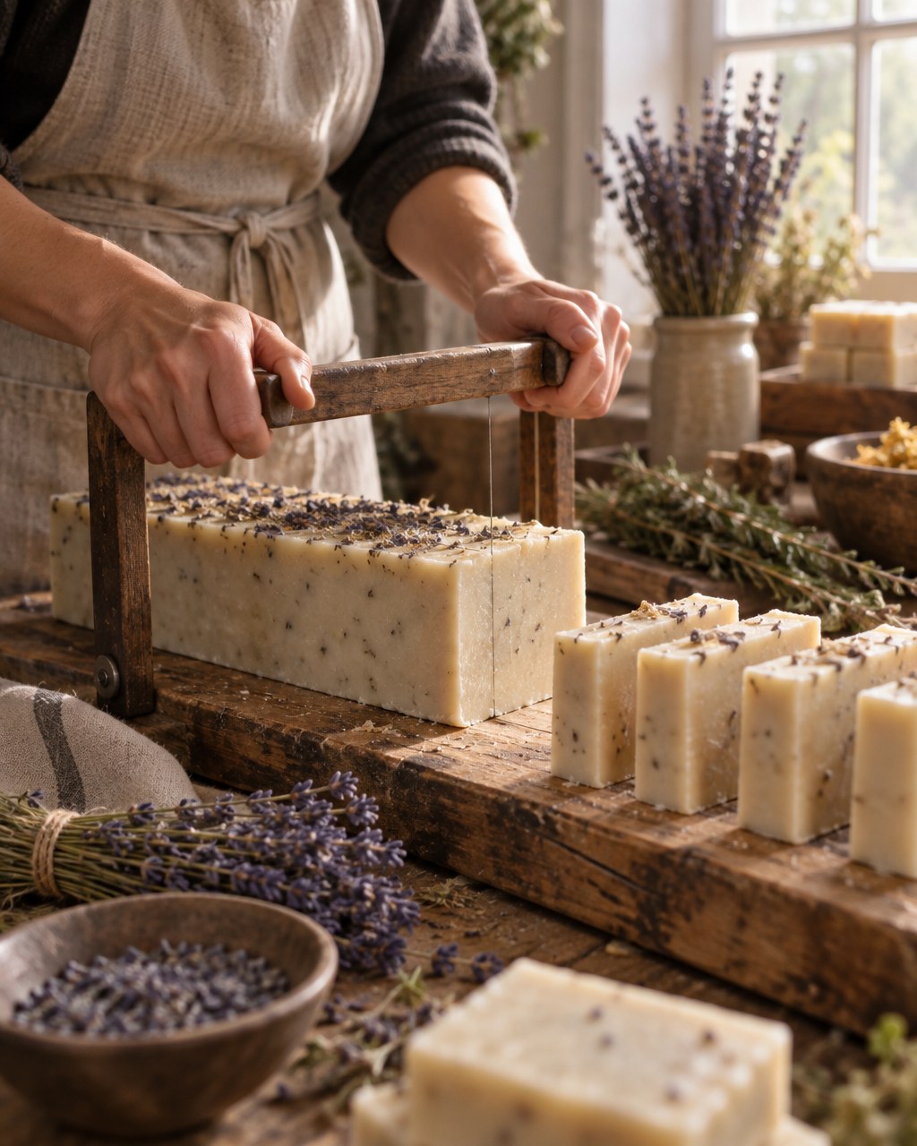 Hands cutting a block of handmade soap on a wooden bench